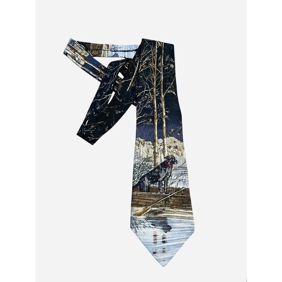 Vintage Endangered Species Silk Tie Black Lab In Wooden‎ Canoe - Picture 1 of 7